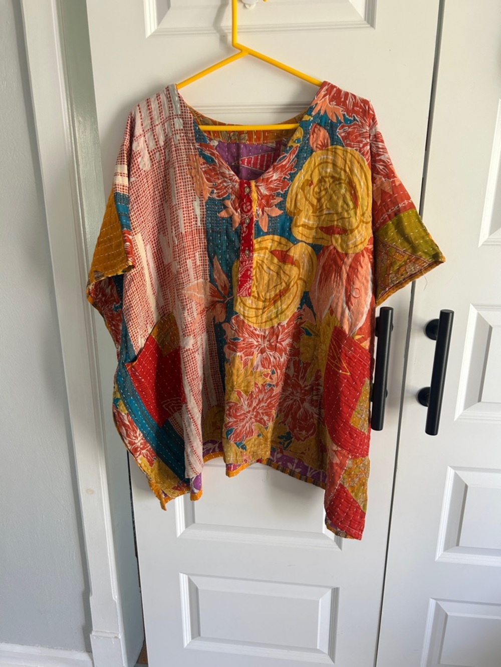 Handsewn Cotton Kantha Boho Patchwork Floral Short-Sleeve Top - Yellow & Red ONE